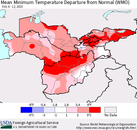 Central Asia Mean Minimum Temperature Departure from Normal (WMO) Thematic Map For 2/6/2023 - 2/12/2023