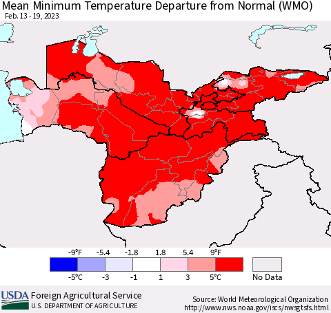 Central Asia Mean Minimum Temperature Departure from Normal (WMO) Thematic Map For 2/13/2023 - 2/19/2023