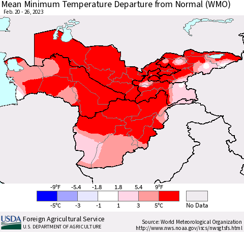 Central Asia Mean Minimum Temperature Departure from Normal (WMO) Thematic Map For 2/20/2023 - 2/26/2023