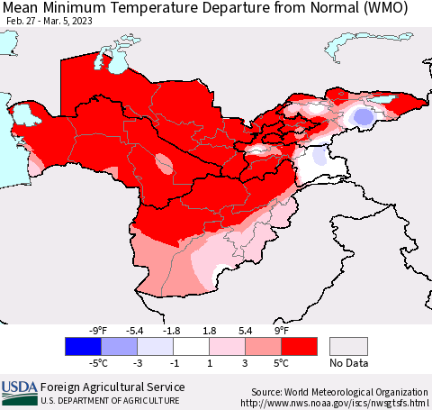 Central Asia Mean Minimum Temperature Departure from Normal (WMO) Thematic Map For 2/27/2023 - 3/5/2023