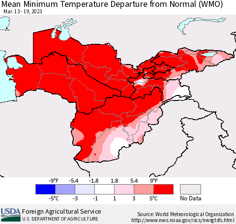 Central Asia Mean Minimum Temperature Departure from Normal (WMO) Thematic Map For 3/13/2023 - 3/19/2023