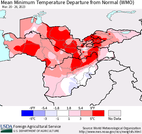 Central Asia Mean Minimum Temperature Departure from Normal (WMO) Thematic Map For 3/20/2023 - 3/26/2023