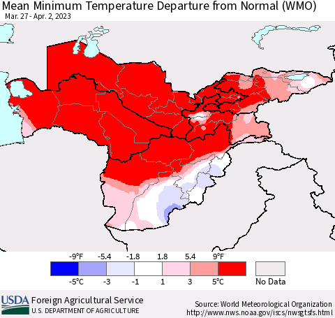 Central Asia Mean Minimum Temperature Departure from Normal (WMO) Thematic Map For 3/27/2023 - 4/2/2023