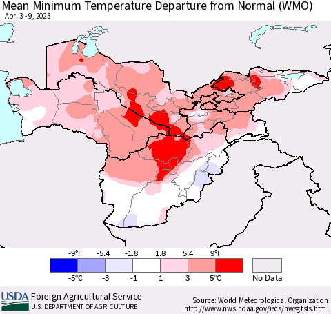 Central Asia Mean Minimum Temperature Departure from Normal (WMO) Thematic Map For 4/3/2023 - 4/9/2023