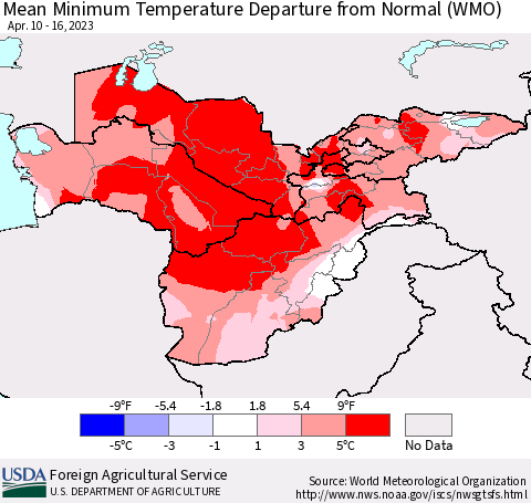 Central Asia Mean Minimum Temperature Departure from Normal (WMO) Thematic Map For 4/10/2023 - 4/16/2023