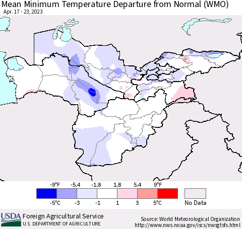 Central Asia Mean Minimum Temperature Departure from Normal (WMO) Thematic Map For 4/17/2023 - 4/23/2023