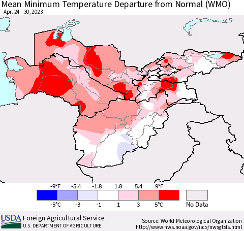 Central Asia Mean Minimum Temperature Departure from Normal (WMO) Thematic Map For 4/24/2023 - 4/30/2023