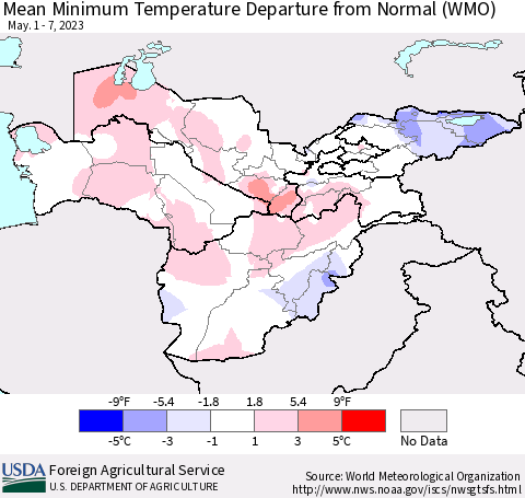Central Asia Mean Minimum Temperature Departure from Normal (WMO) Thematic Map For 5/1/2023 - 5/7/2023