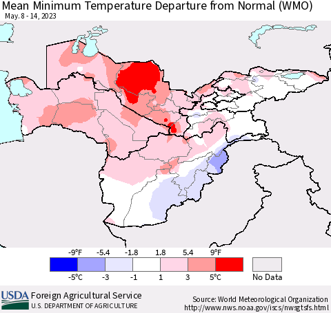 Central Asia Mean Minimum Temperature Departure from Normal (WMO) Thematic Map For 5/8/2023 - 5/14/2023