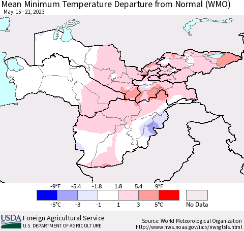 Central Asia Mean Minimum Temperature Departure from Normal (WMO) Thematic Map For 5/15/2023 - 5/21/2023