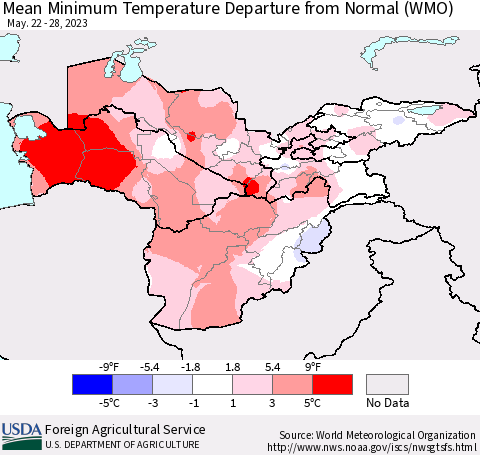 Central Asia Mean Minimum Temperature Departure from Normal (WMO) Thematic Map For 5/22/2023 - 5/28/2023