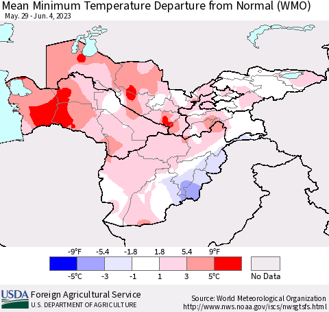 Central Asia Mean Minimum Temperature Departure from Normal (WMO) Thematic Map For 5/29/2023 - 6/4/2023