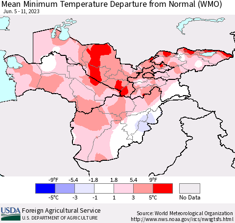 Central Asia Mean Minimum Temperature Departure from Normal (WMO) Thematic Map For 6/5/2023 - 6/11/2023