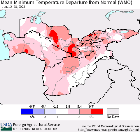 Central Asia Mean Minimum Temperature Departure from Normal (WMO) Thematic Map For 6/12/2023 - 6/18/2023