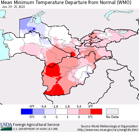 Central Asia Mean Minimum Temperature Departure from Normal (WMO) Thematic Map For 6/19/2023 - 6/25/2023