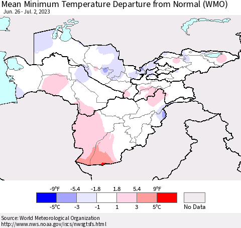 Central Asia Mean Minimum Temperature Departure from Normal (WMO) Thematic Map For 6/26/2023 - 7/2/2023