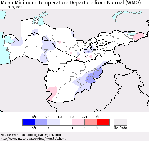 Central Asia Mean Minimum Temperature Departure from Normal (WMO) Thematic Map For 7/3/2023 - 7/9/2023
