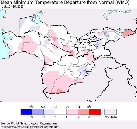 Central Asia Mean Minimum Temperature Departure from Normal (WMO) Thematic Map For 7/10/2023 - 7/16/2023
