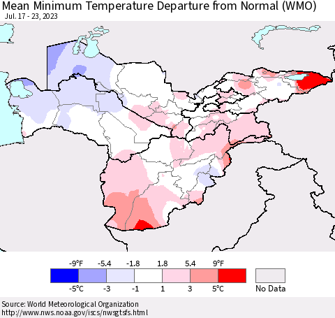 Central Asia Mean Minimum Temperature Departure from Normal (WMO) Thematic Map For 7/17/2023 - 7/23/2023