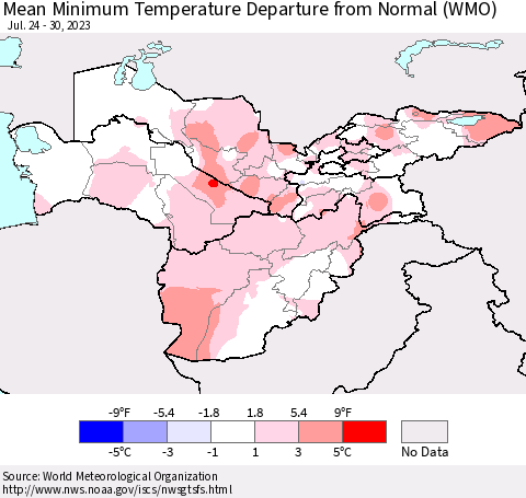Central Asia Mean Minimum Temperature Departure from Normal (WMO) Thematic Map For 7/24/2023 - 7/30/2023