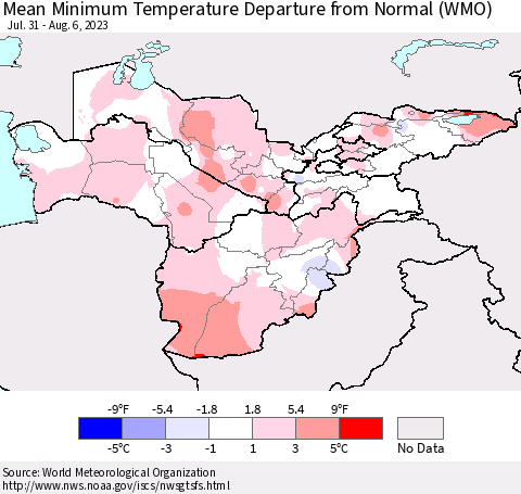 Central Asia Mean Minimum Temperature Departure from Normal (WMO) Thematic Map For 7/31/2023 - 8/6/2023