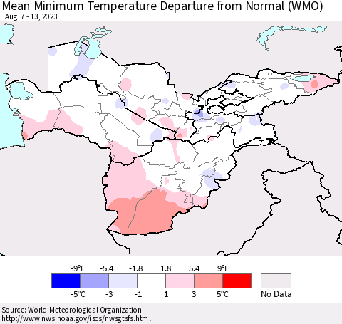 Central Asia Mean Minimum Temperature Departure from Normal (WMO) Thematic Map For 8/7/2023 - 8/13/2023