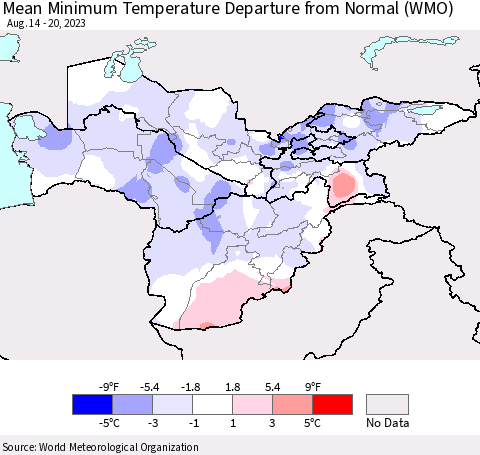 Central Asia Mean Minimum Temperature Departure from Normal (WMO) Thematic Map For 8/14/2023 - 8/20/2023