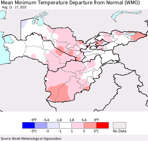 Central Asia Mean Minimum Temperature Departure from Normal (WMO) Thematic Map For 8/21/2023 - 8/27/2023