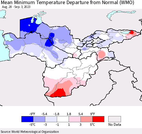 Central Asia Mean Minimum Temperature Departure from Normal (WMO) Thematic Map For 8/28/2023 - 9/3/2023