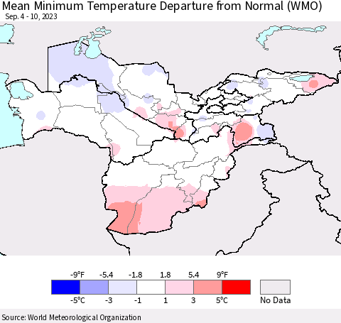 Central Asia Mean Minimum Temperature Departure from Normal (WMO) Thematic Map For 9/4/2023 - 9/10/2023