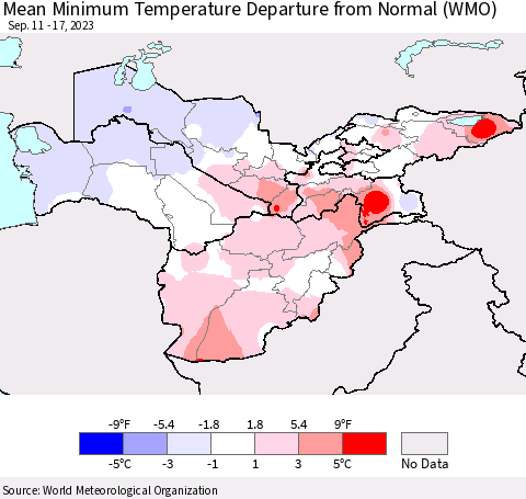 Central Asia Mean Minimum Temperature Departure from Normal (WMO) Thematic Map For 9/11/2023 - 9/17/2023