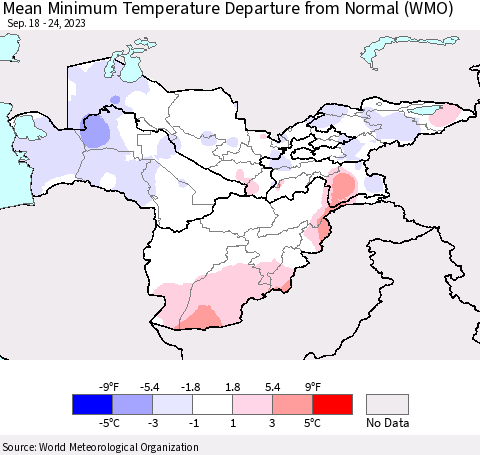 Central Asia Mean Minimum Temperature Departure from Normal (WMO) Thematic Map For 9/18/2023 - 9/24/2023