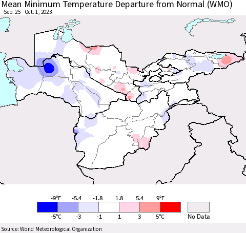 Central Asia Mean Minimum Temperature Departure from Normal (WMO) Thematic Map For 9/25/2023 - 10/1/2023