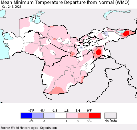 Central Asia Mean Minimum Temperature Departure from Normal (WMO) Thematic Map For 10/2/2023 - 10/8/2023