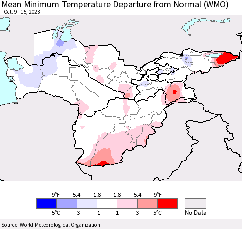 Central Asia Mean Minimum Temperature Departure from Normal (WMO) Thematic Map For 10/9/2023 - 10/15/2023