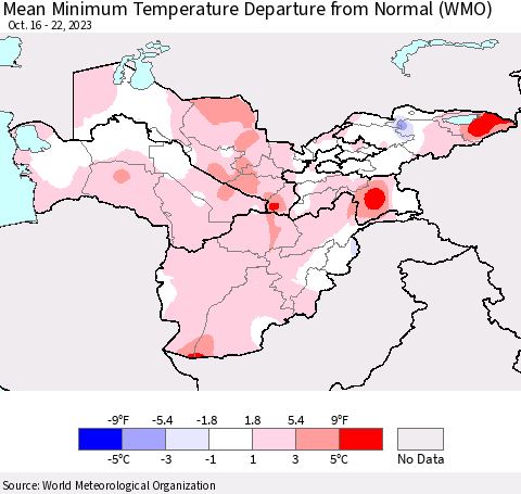 Central Asia Mean Minimum Temperature Departure from Normal (WMO) Thematic Map For 10/16/2023 - 10/22/2023