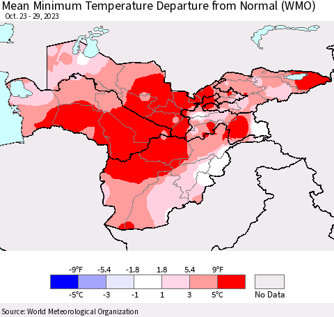 Central Asia Mean Minimum Temperature Departure from Normal (WMO) Thematic Map For 10/23/2023 - 10/29/2023