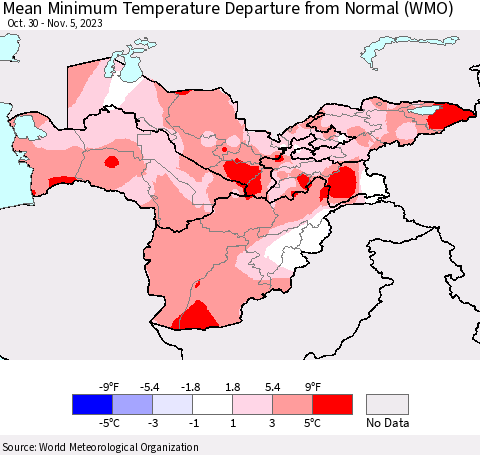 Central Asia Mean Minimum Temperature Departure from Normal (WMO) Thematic Map For 10/30/2023 - 11/5/2023