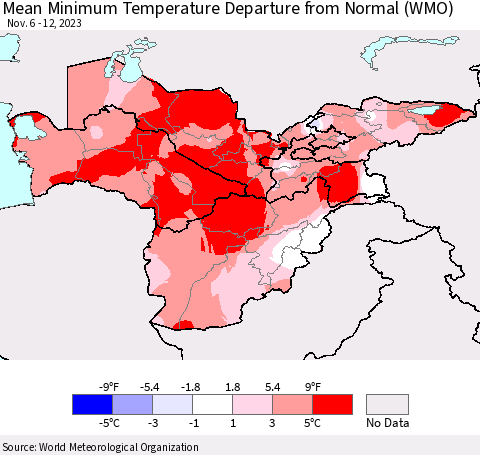 Central Asia Mean Minimum Temperature Departure from Normal (WMO) Thematic Map For 11/6/2023 - 11/12/2023