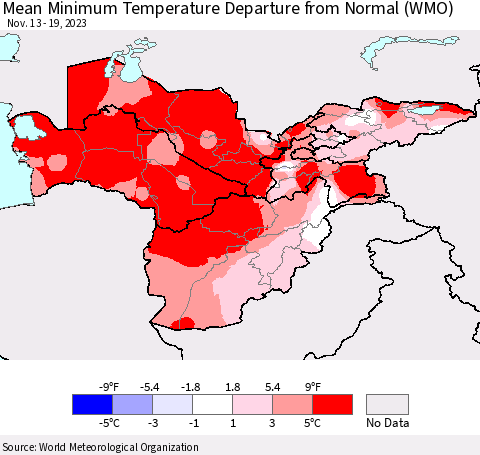 Central Asia Mean Minimum Temperature Departure from Normal (WMO) Thematic Map For 11/13/2023 - 11/19/2023