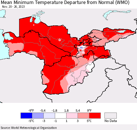 Central Asia Mean Minimum Temperature Departure from Normal (WMO) Thematic Map For 11/20/2023 - 11/26/2023