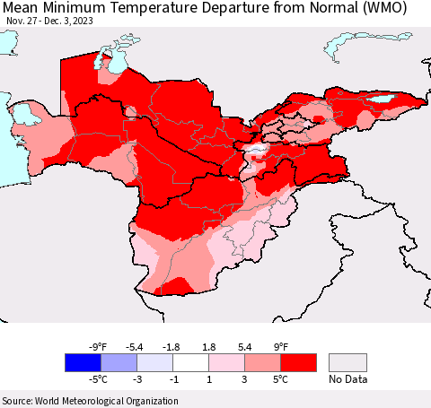 Central Asia Mean Minimum Temperature Departure from Normal (WMO) Thematic Map For 11/27/2023 - 12/3/2023