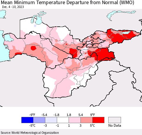 Central Asia Mean Minimum Temperature Departure from Normal (WMO) Thematic Map For 12/4/2023 - 12/10/2023