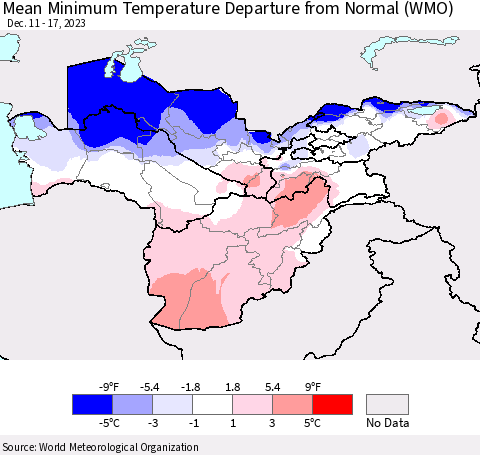 Central Asia Mean Minimum Temperature Departure from Normal (WMO) Thematic Map For 12/11/2023 - 12/17/2023
