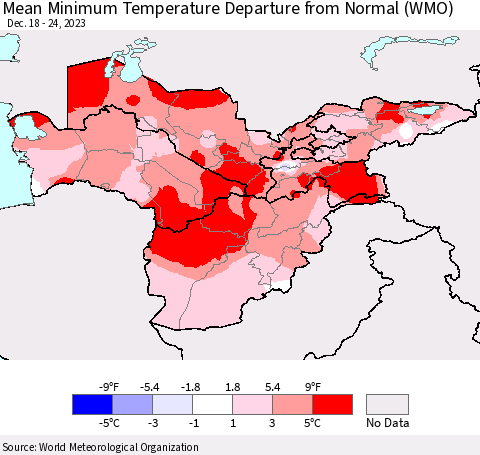 Central Asia Mean Minimum Temperature Departure from Normal (WMO) Thematic Map For 12/18/2023 - 12/24/2023