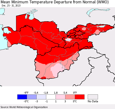 Central Asia Mean Minimum Temperature Departure from Normal (WMO) Thematic Map For 12/25/2023 - 12/31/2023