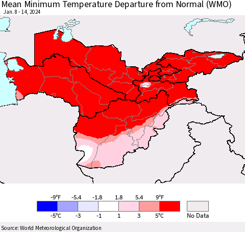 Central Asia Mean Minimum Temperature Departure from Normal (WMO) Thematic Map For 1/8/2024 - 1/14/2024