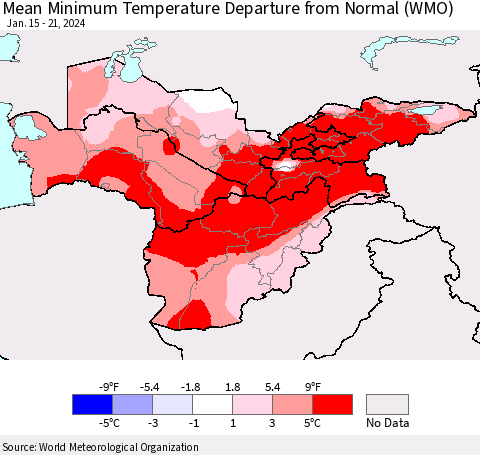 Central Asia Mean Minimum Temperature Departure from Normal (WMO) Thematic Map For 1/15/2024 - 1/21/2024