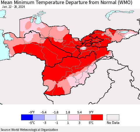 Central Asia Mean Minimum Temperature Departure from Normal (WMO) Thematic Map For 1/22/2024 - 1/28/2024