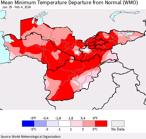 Central Asia Mean Minimum Temperature Departure from Normal (WMO) Thematic Map For 1/29/2024 - 2/4/2024